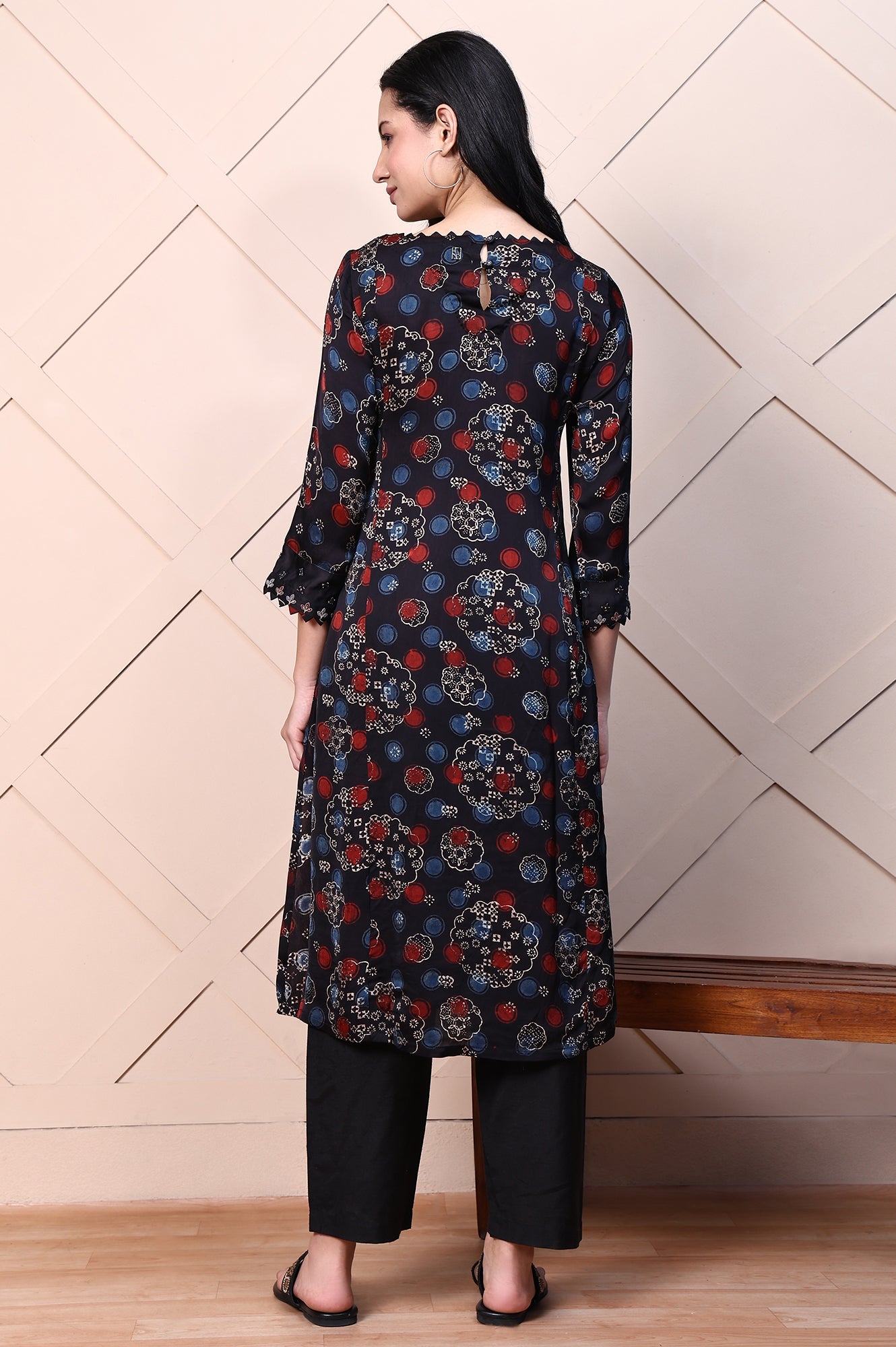 Black Ajrak Printed Satin A-line Kurta with Thread Embroidery
