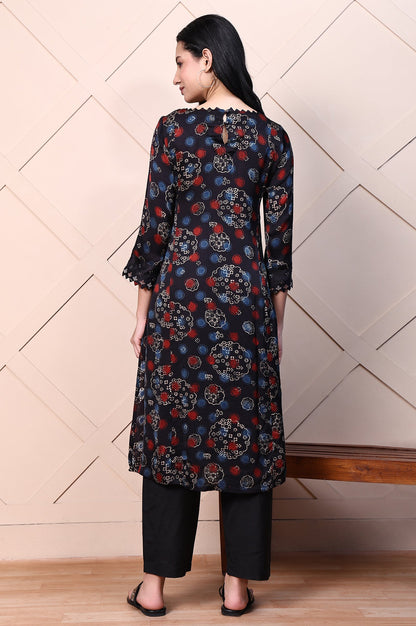 Black Ajrak Printed Satin A-line Kurta with Thread Embroidery