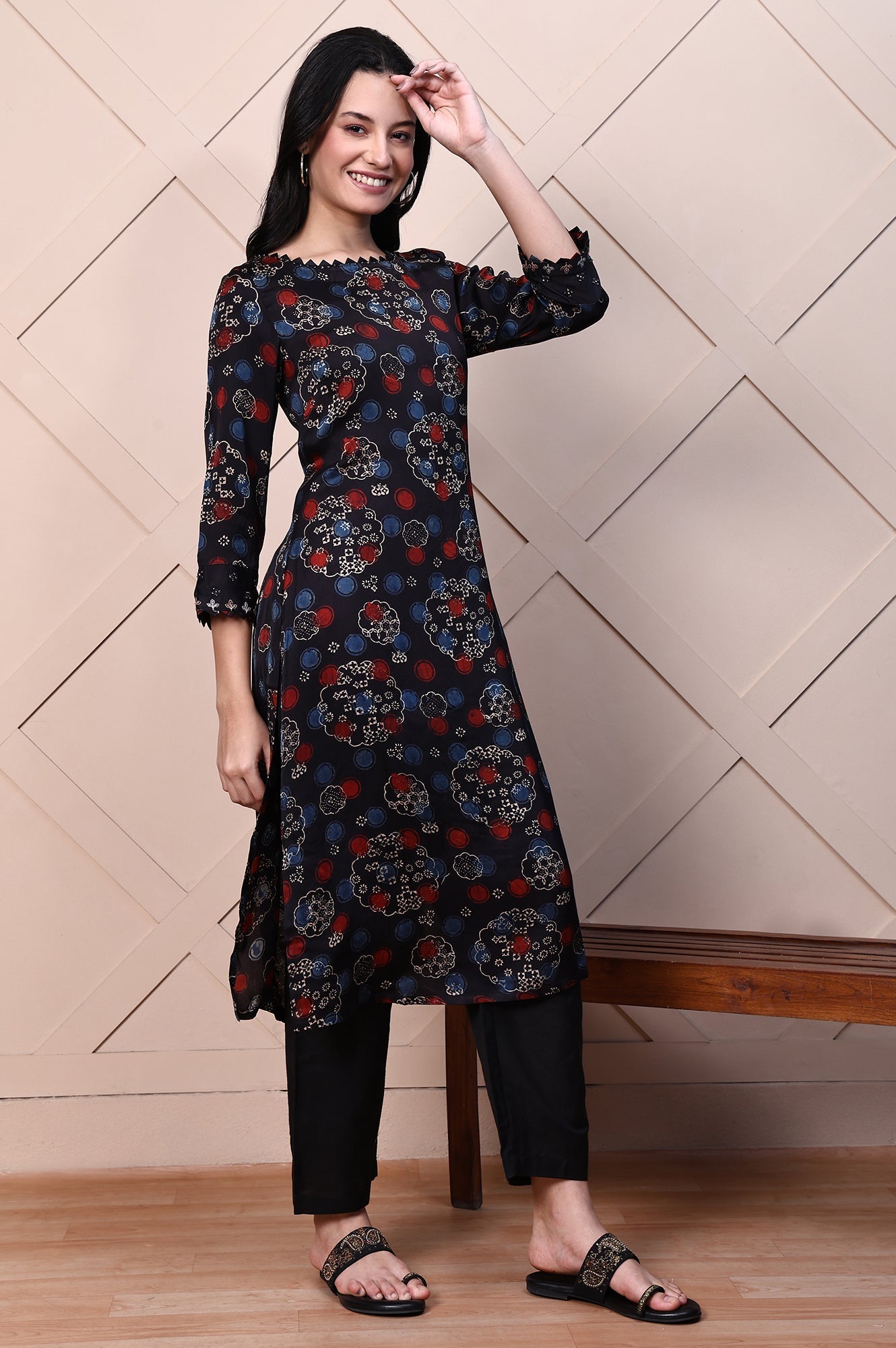 Black Ajrak Printed Satin A-line Kurta with Thread Embroidery