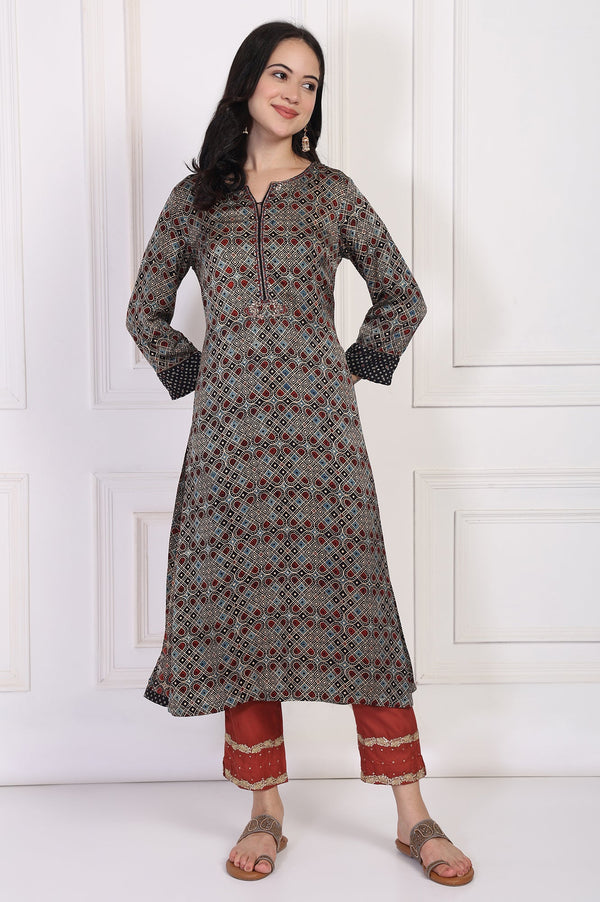 Black Geometric Printed Embellished A-Line Satin Kurta