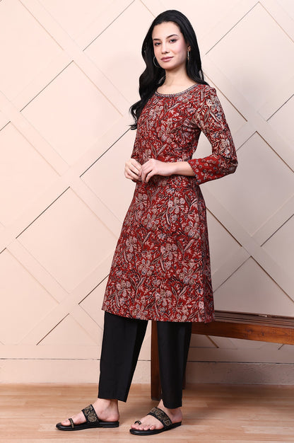 Red Kalamkari Printed Pure Cotton Straight Casual Kurta with Mirror Work