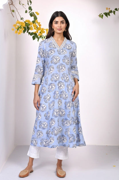 Blue Block Print Sequined Flared Cotton Kurta