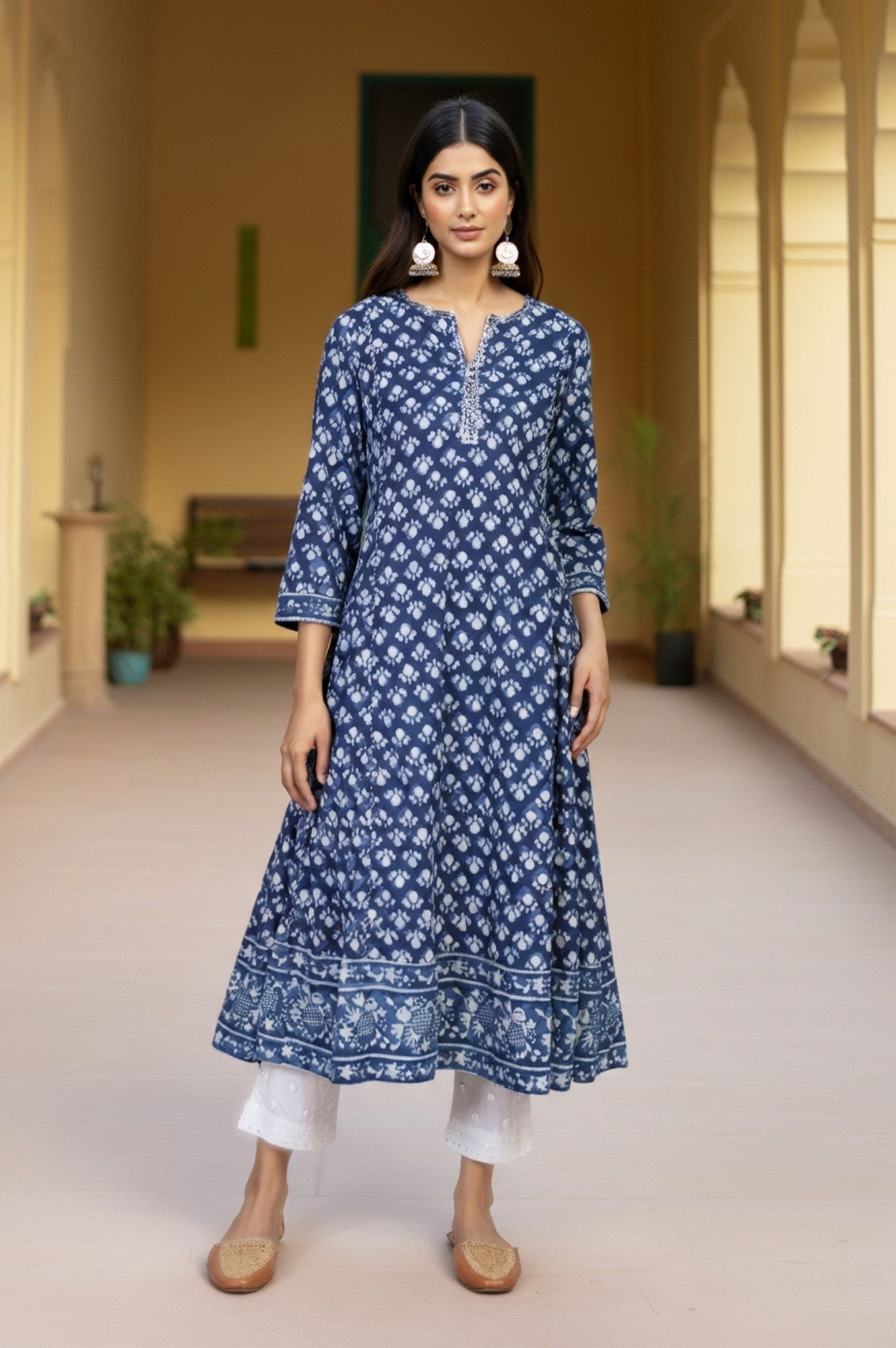 Blue Block Print Mirror Work Flared Cotton Kurta