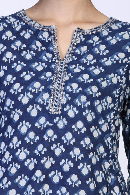 Blue Block Print Mirror Work Flared Cotton Kurta