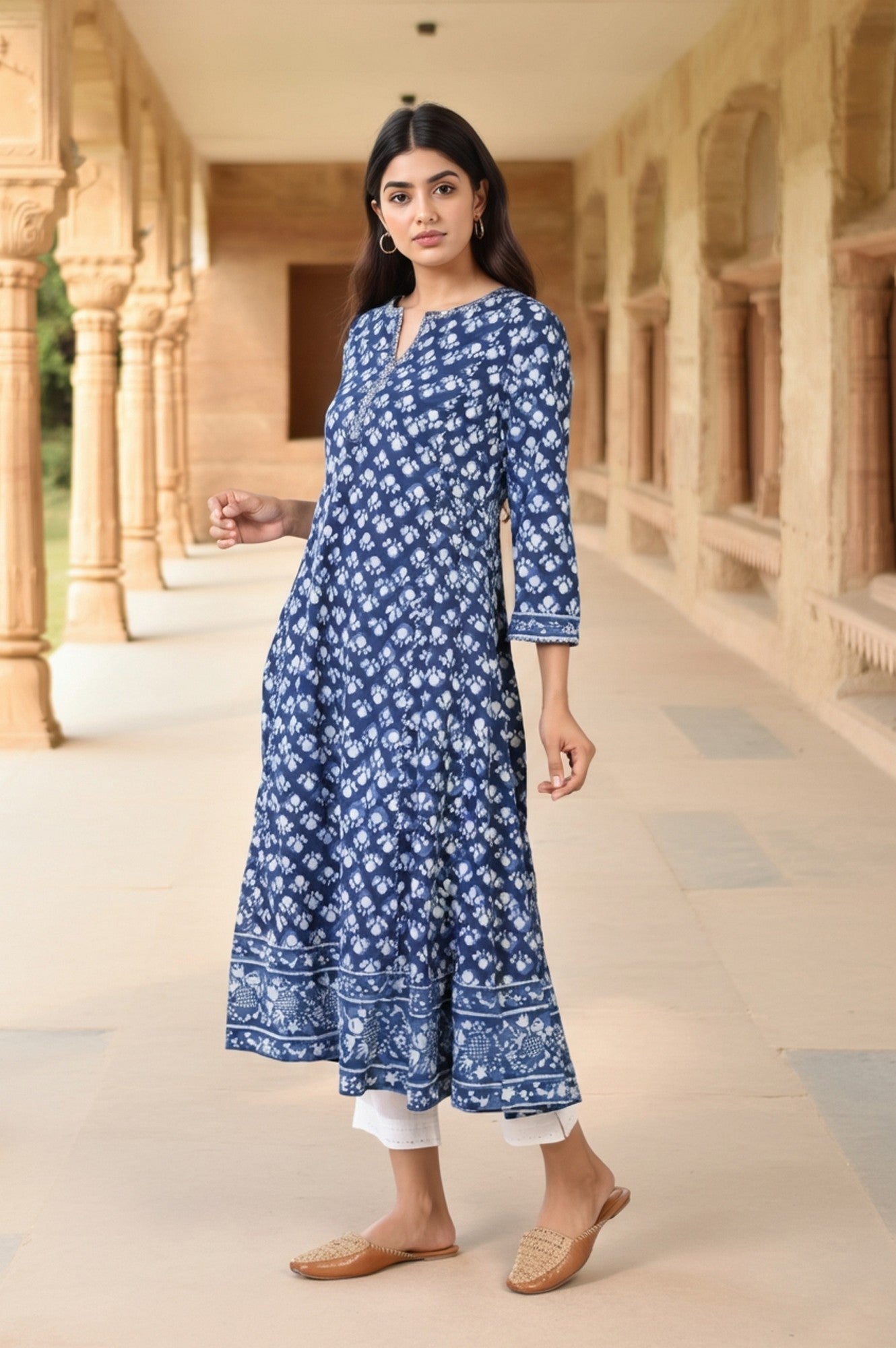 Blue Block Print Mirror Work Flared Cotton Kurta