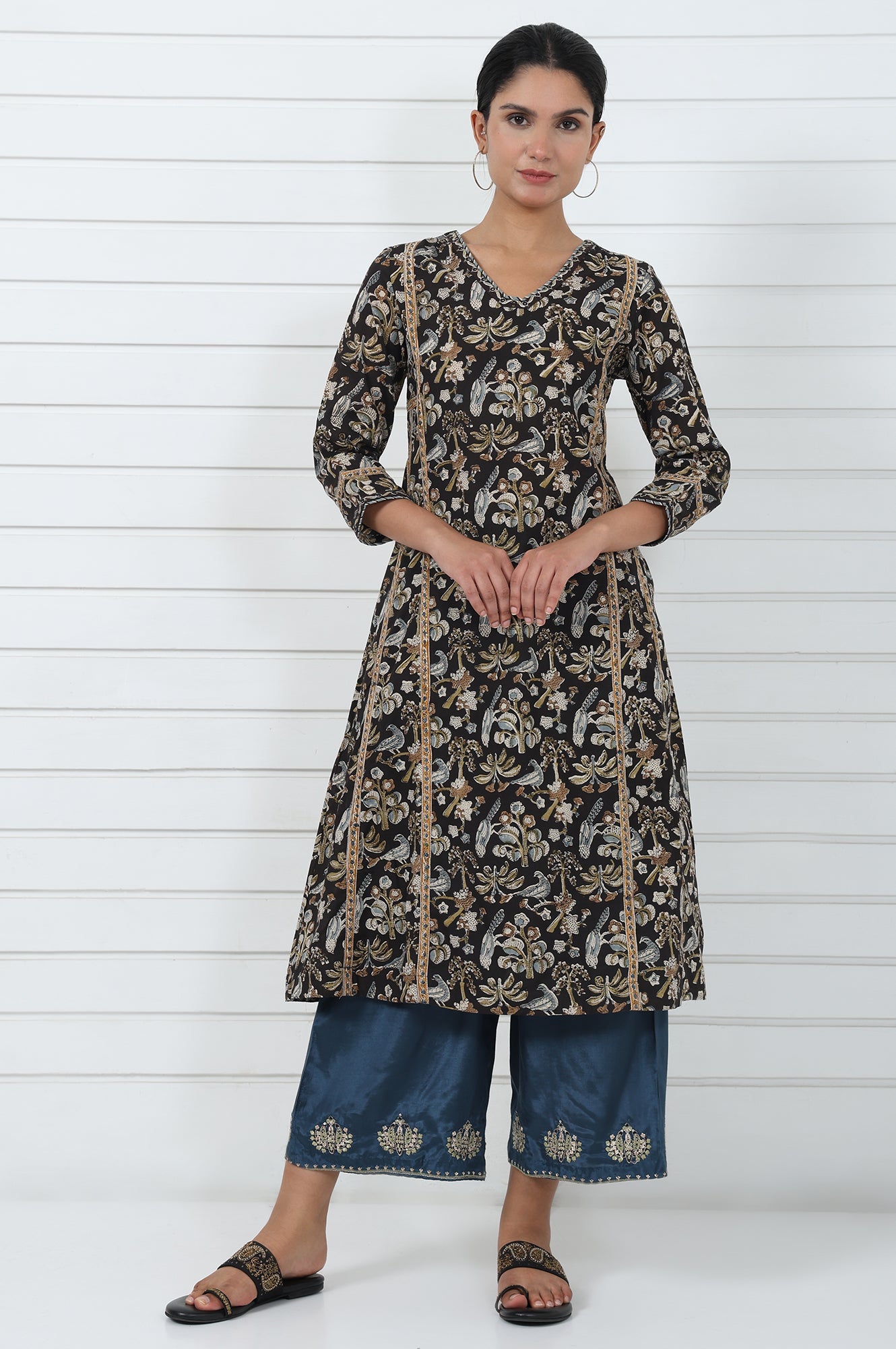 Brown Printed Printed Mirror Work Pure Cotton Flared Kurta