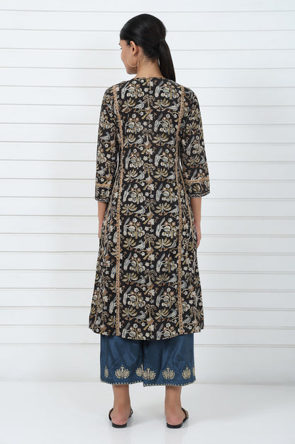 Brown Printed Printed Mirror Work Pure Cotton Flared Kurta