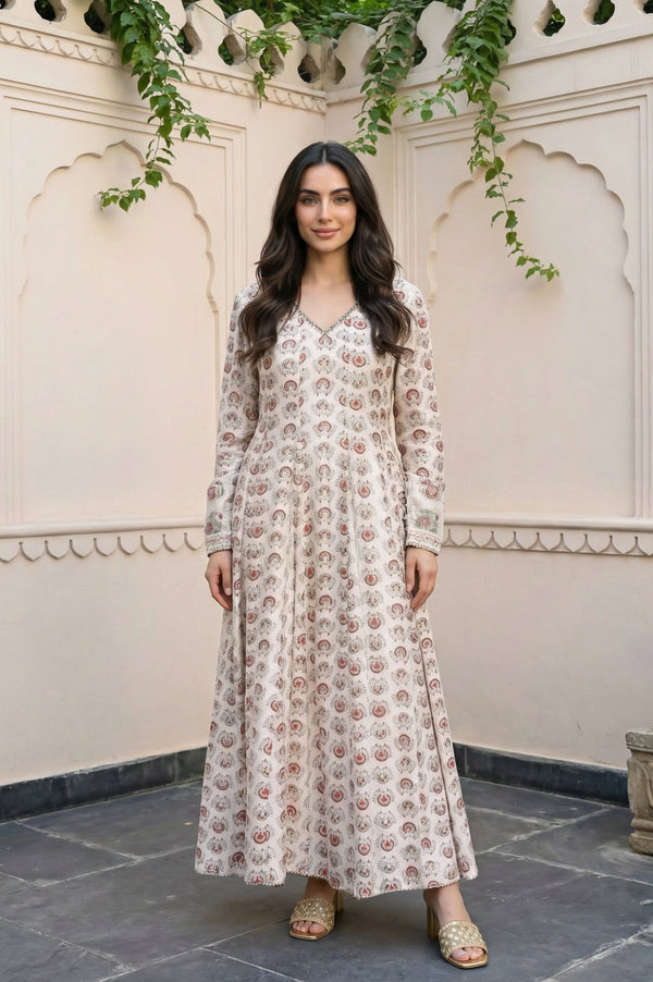 Folksong Cream Ethnic Motifs Sequins Cotton Silk Blend Anarkali Kurta