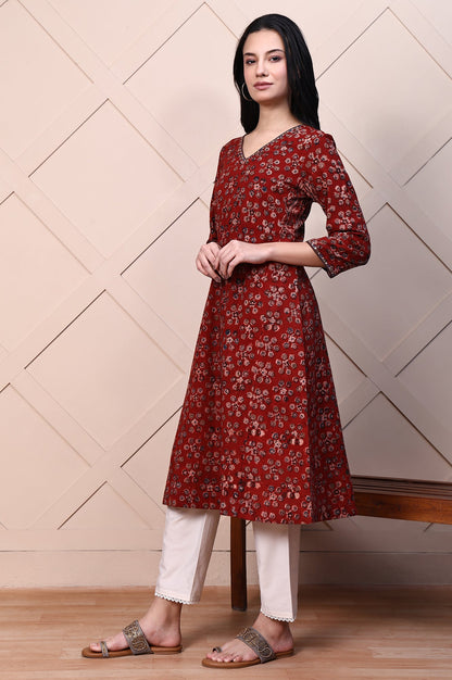 Red Kalamkari Printed Pure Cotton A-line Casual Kurta with Mirror Work