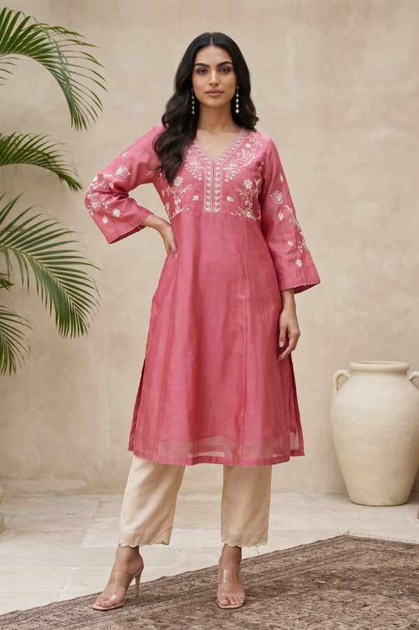 Folksong Rose Embroidered Cotton Silk A-line Kurta
