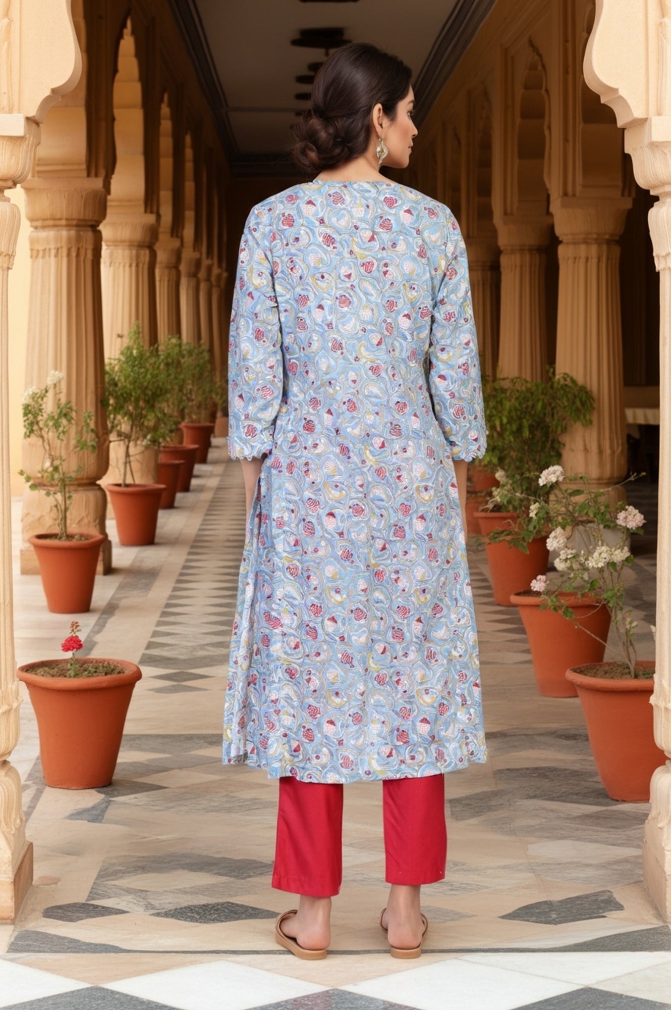 Blue Block Print Mirror Work Straight Cotton Kurta