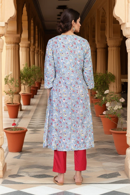 Blue Block Print Mirror Work Straight Cotton Kurta