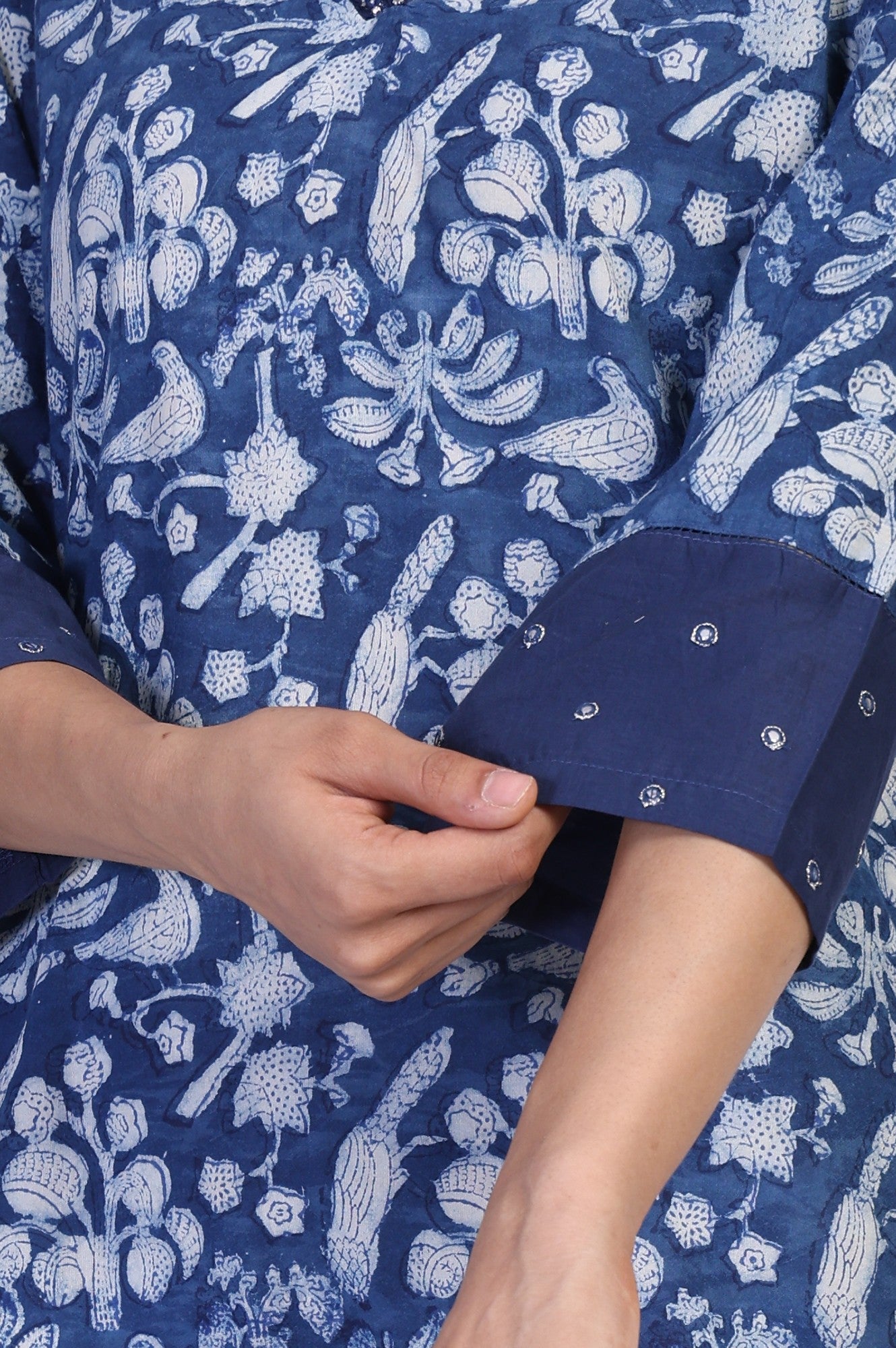 Blue Block Print Mirror Work Straight Cotton Kurta