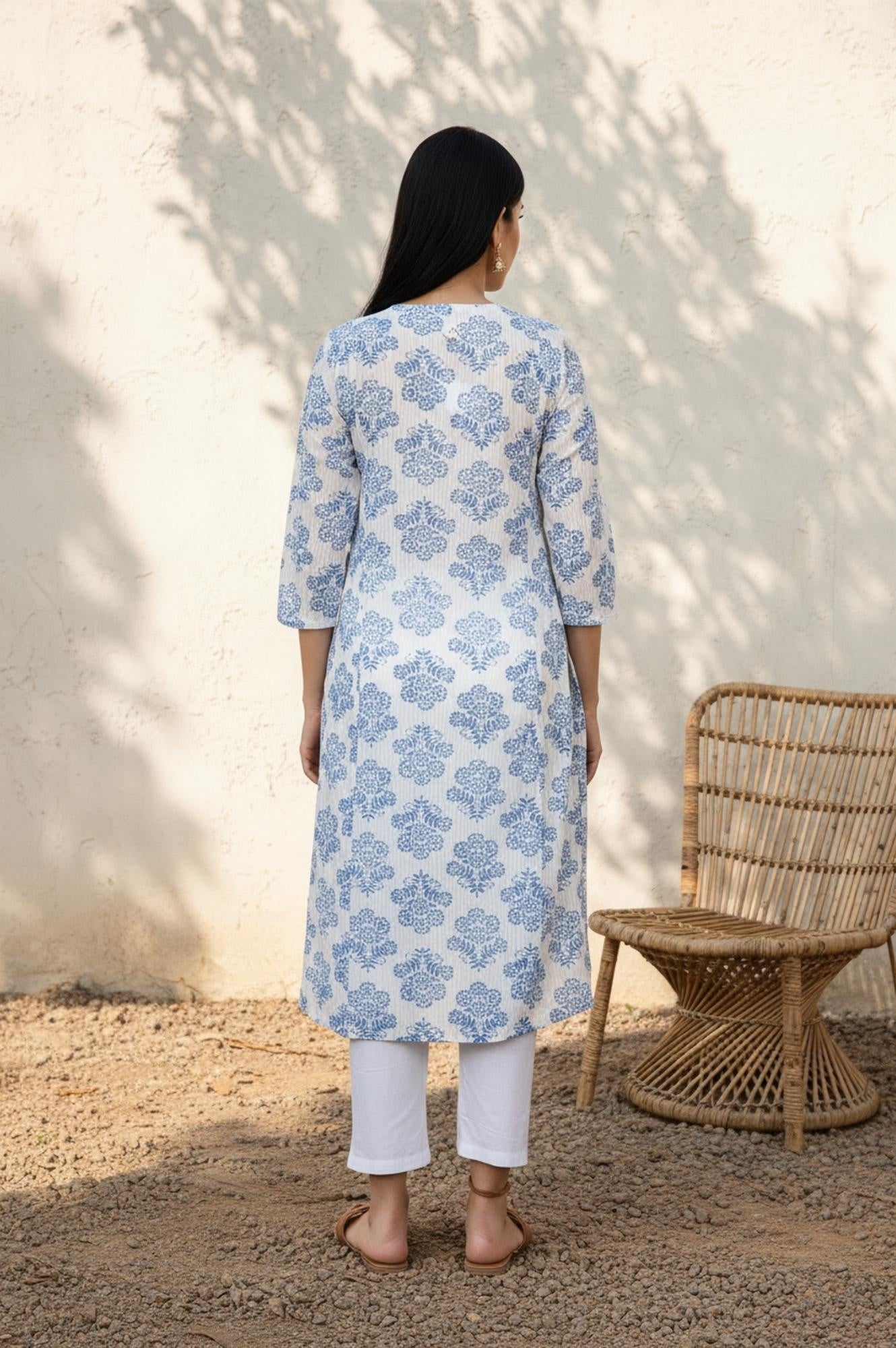 White Floral Straight Cotton Kurta