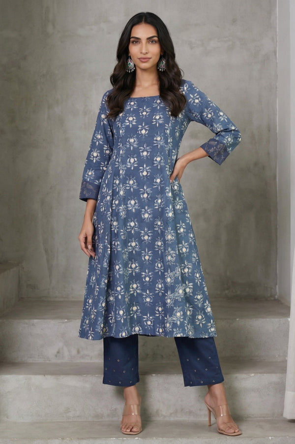 Blue Block Printed Pure Cotton A-line Kurta