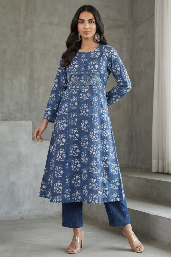 Indigo Block Printed Sequin Pure Cotton Flared Kurta