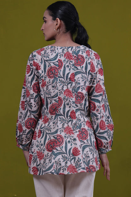 White Floral Printed Mirror Work Flared Pure Cotton Top