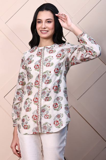 White Block Printed Cotton Silk Mirror Work Top with Gathered Sleeves