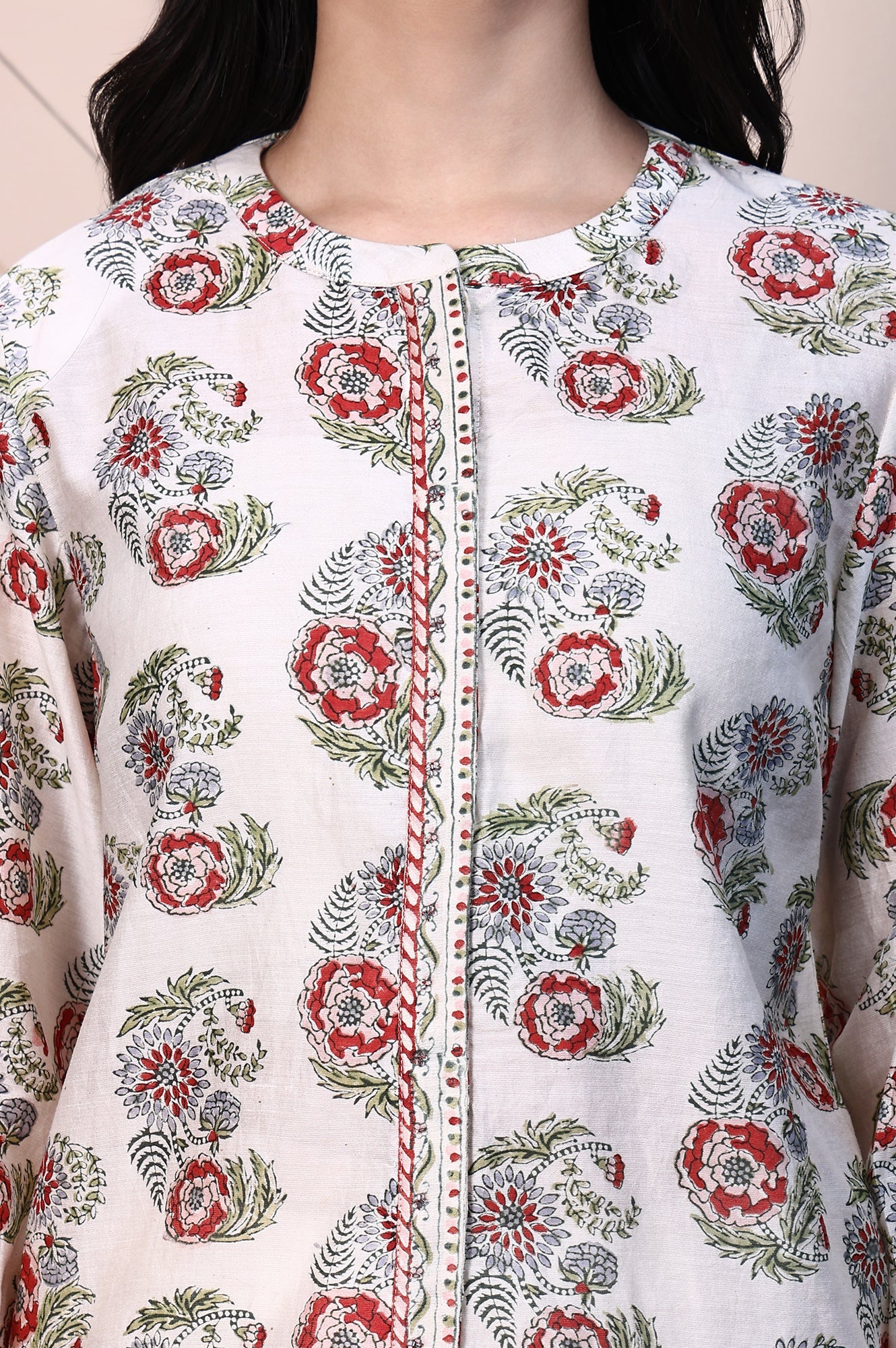 White Block Printed Cotton Silk Mirror Work Top with Gathered Sleeves