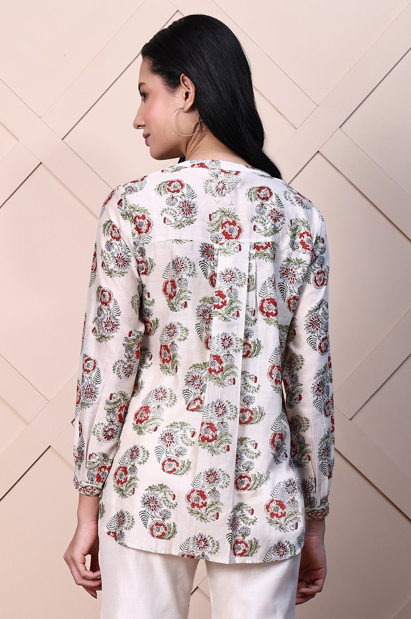 White Block Printed Cotton Silk Mirror Work Top with Gathered Sleeves