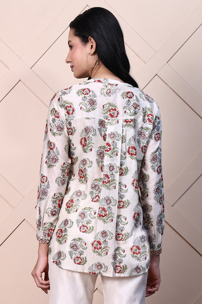 White Block Printed Cotton Silk Mirror Work Top with Gathered Sleeves