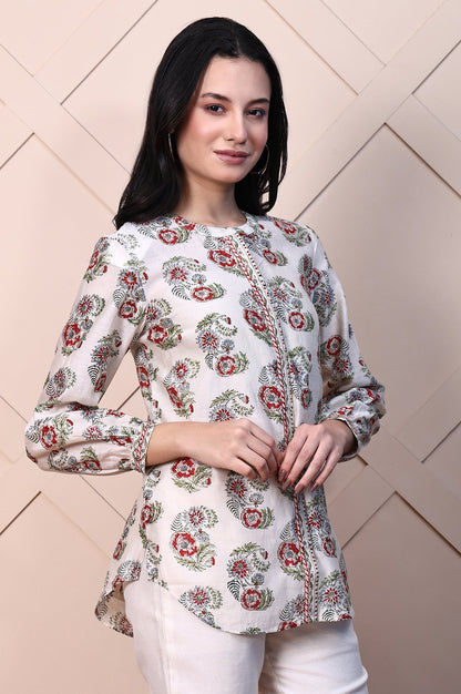 White Block Printed Cotton Silk Mirror Work Top with Gathered Sleeves