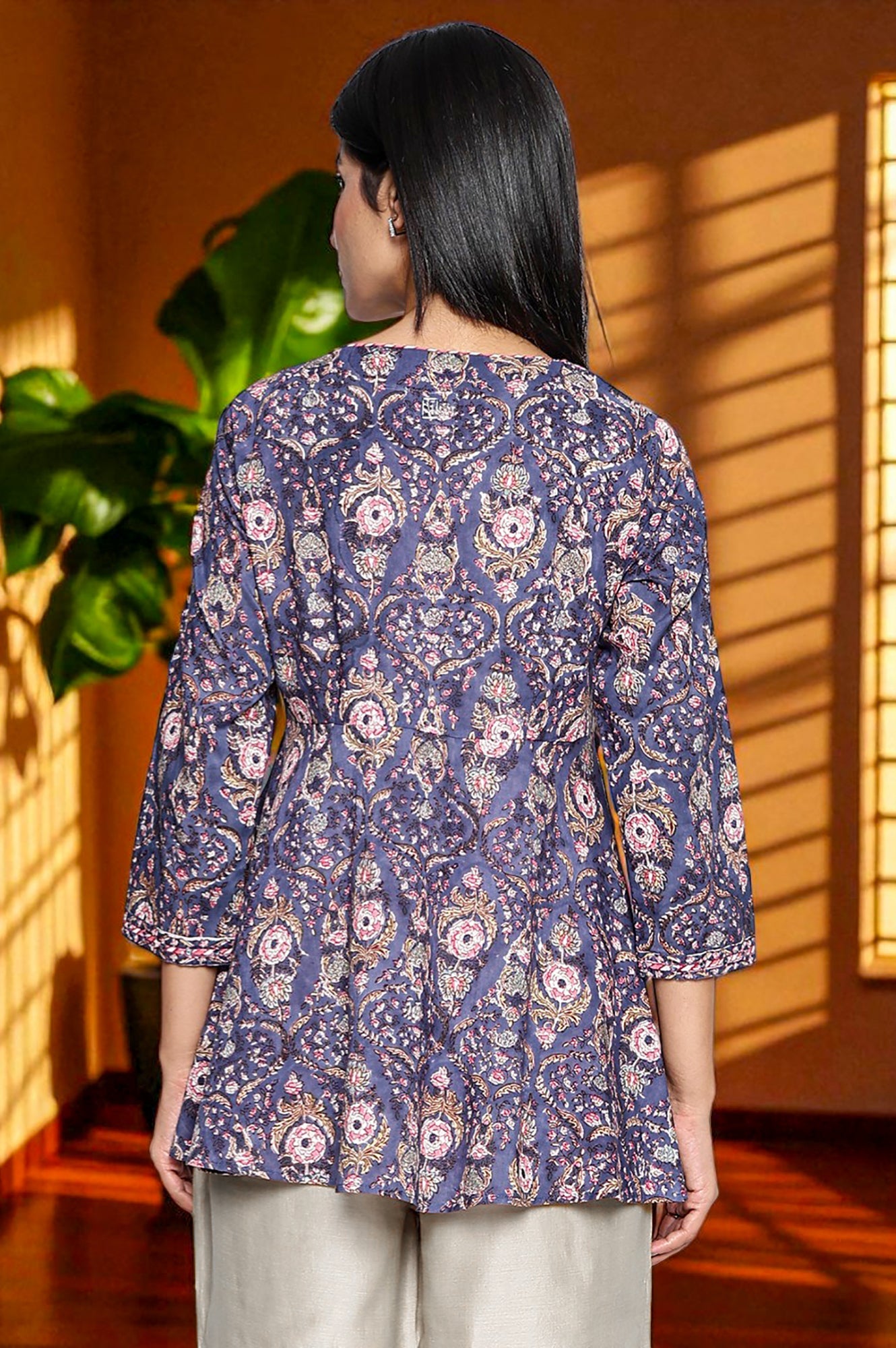 Grey Blue Printed Pure Cotton Flared Top