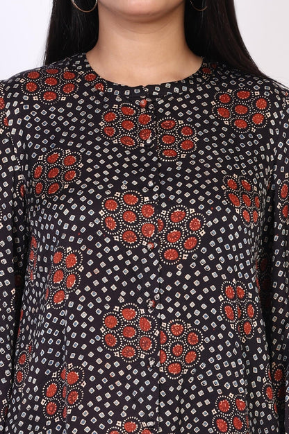 Navy Blue Floral Print Straight Modal Satin Top