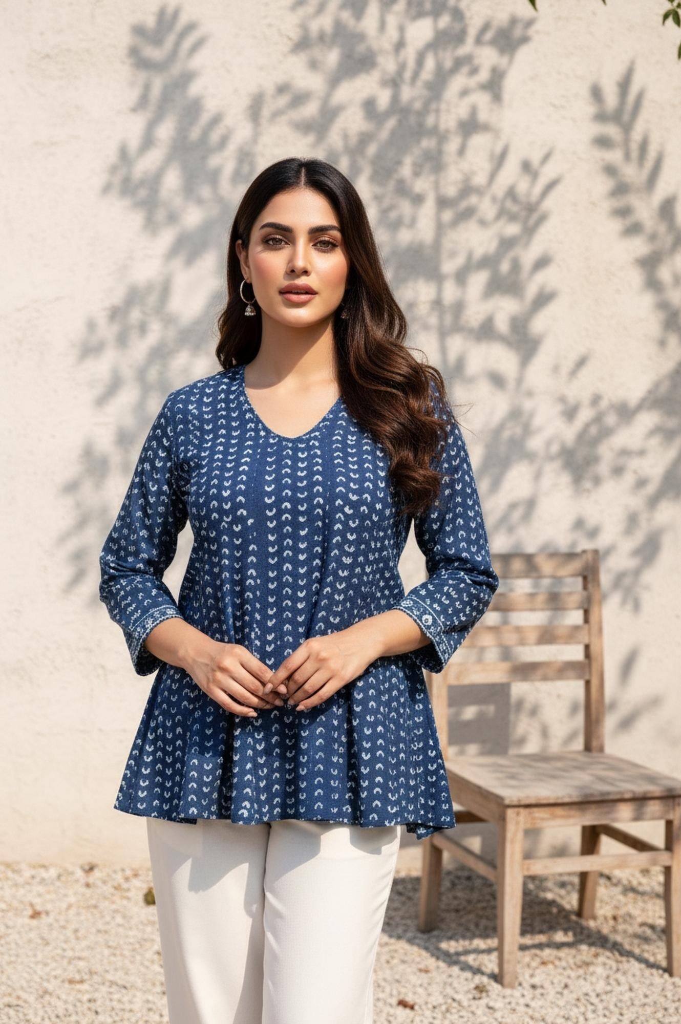 Blue Geometric Thread Work Flared Cotton Top