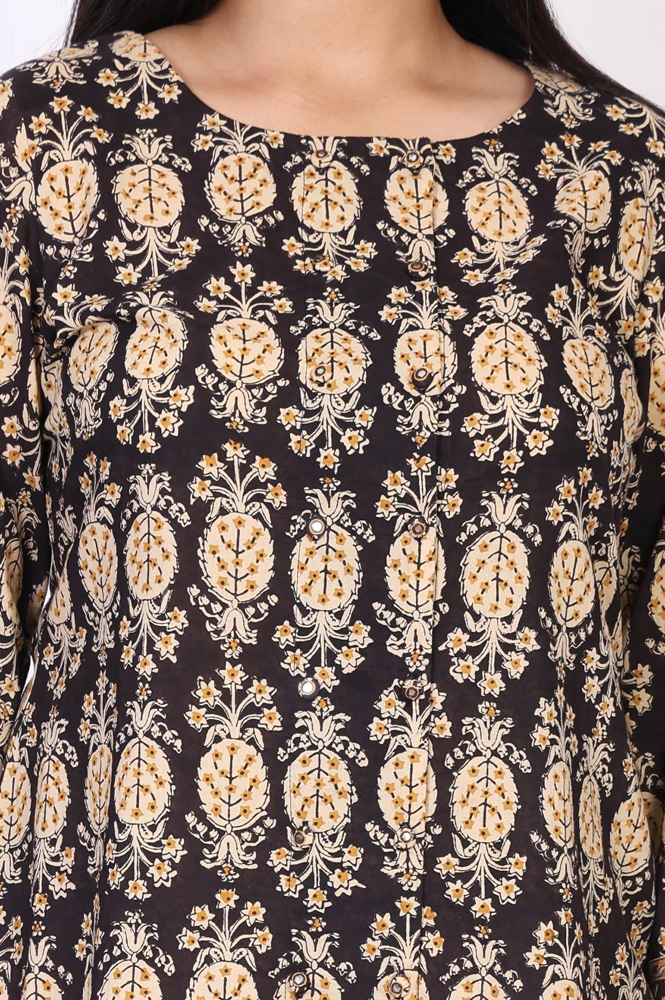 Black Floral Print A-Line Cotton Top