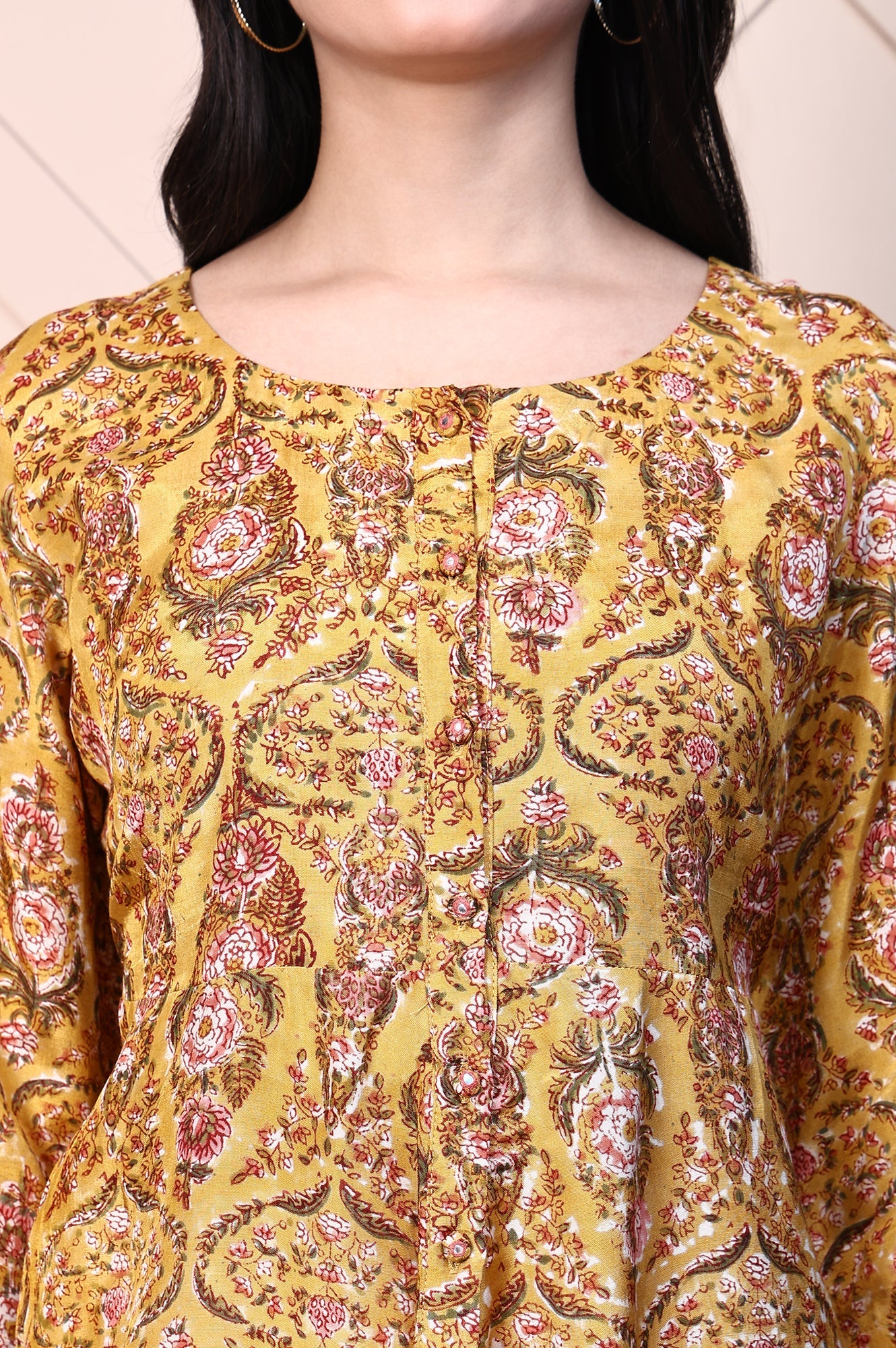 Mustard Yellow Block Printed Mirror Work Flared Top