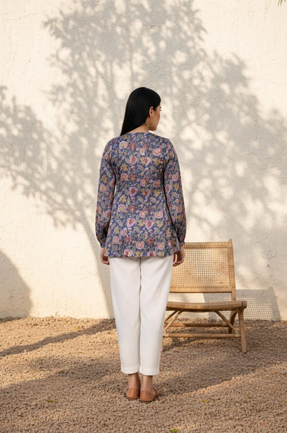 Blue Floral Thread Work Flared Modal Satin Top