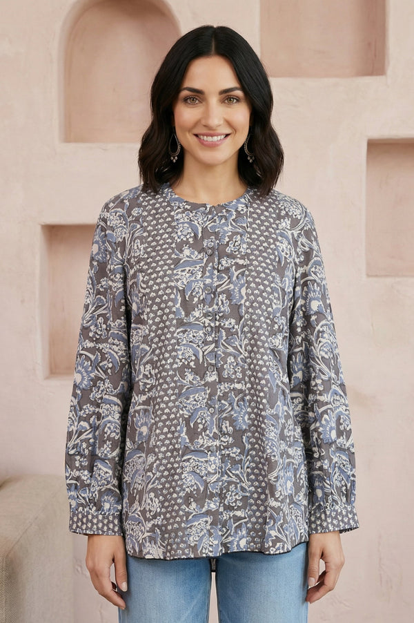 Grey Floral Rayon Straight Top