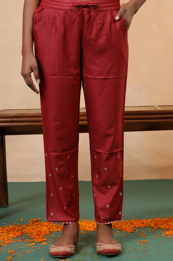 Red Embroidered Zari Work Straight Tussar Silk Pant