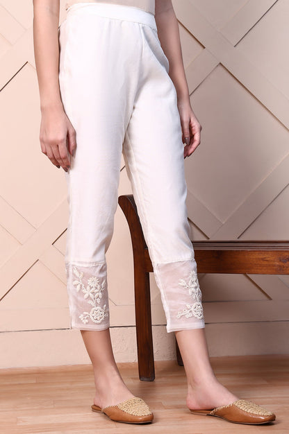 White Solid Embroidered Hemline Cotton Silk Slim Pants