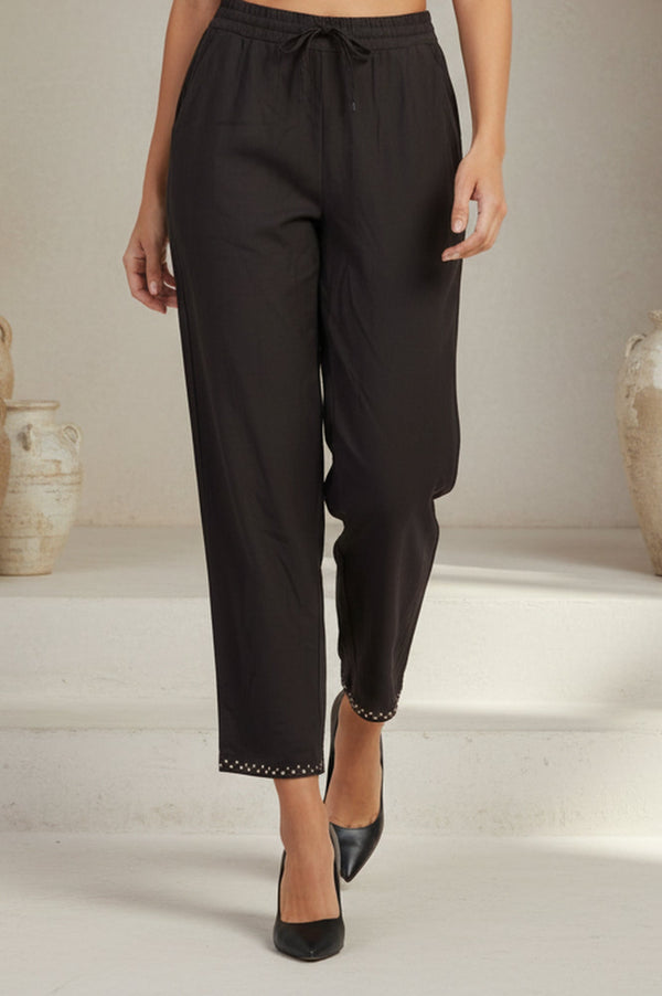 Black Solid Cotton Blend Ankle Length Mid Rise Straight Pants