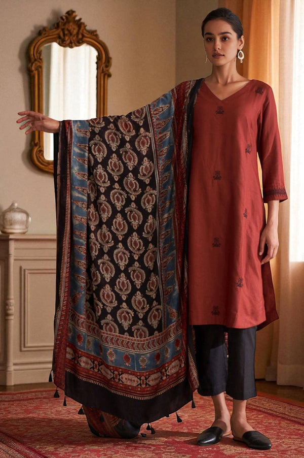 Black Floral Ajrakh Printed Tasselled Modal Satin Dupatta