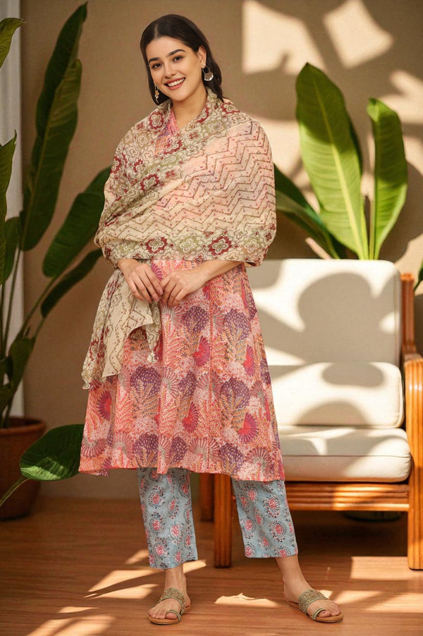 Pistachio Green Handblock Printed Organza Dupatta