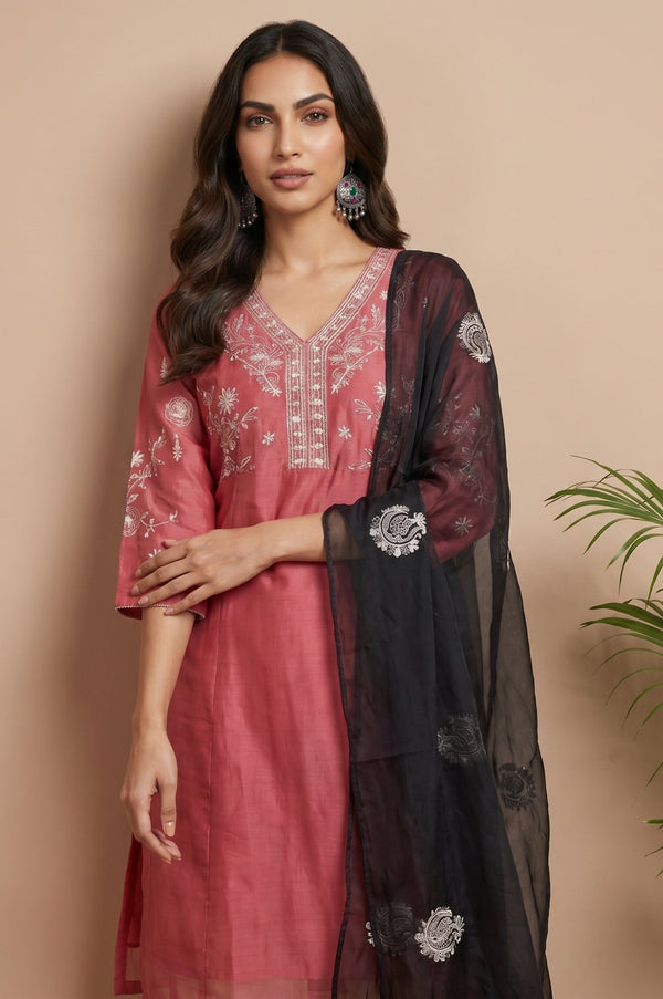 Black Thread Embroidered Organza Dupatta