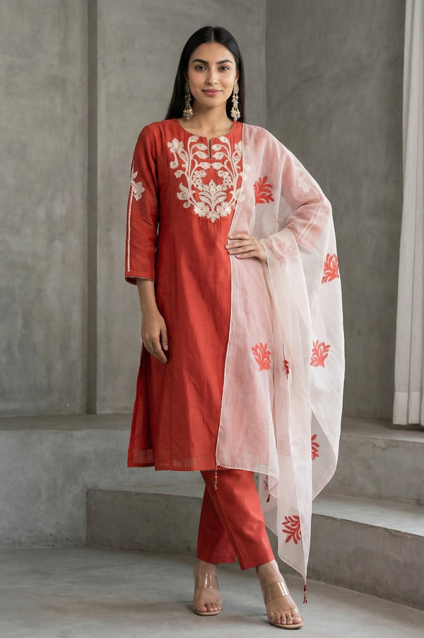Folksong Rust Thread Embroidered Cotton Blend Straight Kurta with Straight Pants and Dupatta Set