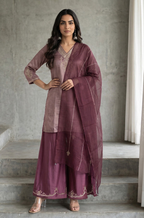 Folksong Purple Yarn Dyed Cotton Silk Zari Stripe Short Kurta with Sharara and Dupatta Set