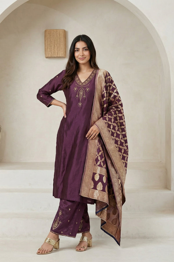 Purple Embroidered Zari Work Silk Blend Straight Kurta with Parallel Pants and Dupatta Set