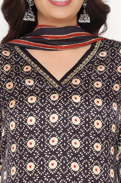 Black Printed Modal Satin Straight Kurta, Sharara and Dupatta Set