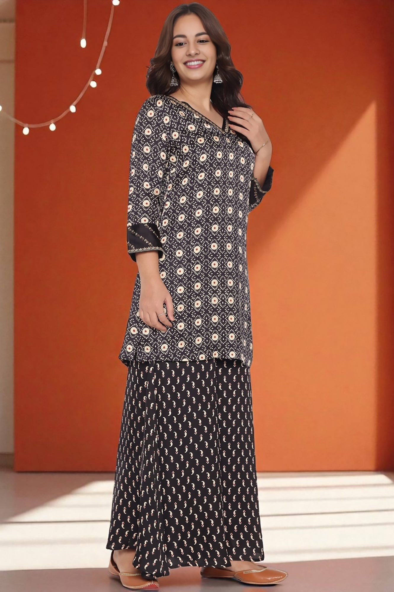 Black Printed Modal Satin Straight Kurta, Sharara and Dupatta Set