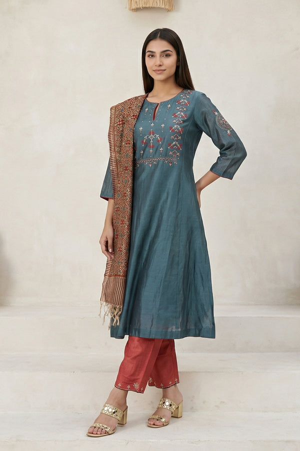 Teal Embroidered Silk Blend A-line Kurta with Straight Pants and Dupatta Set