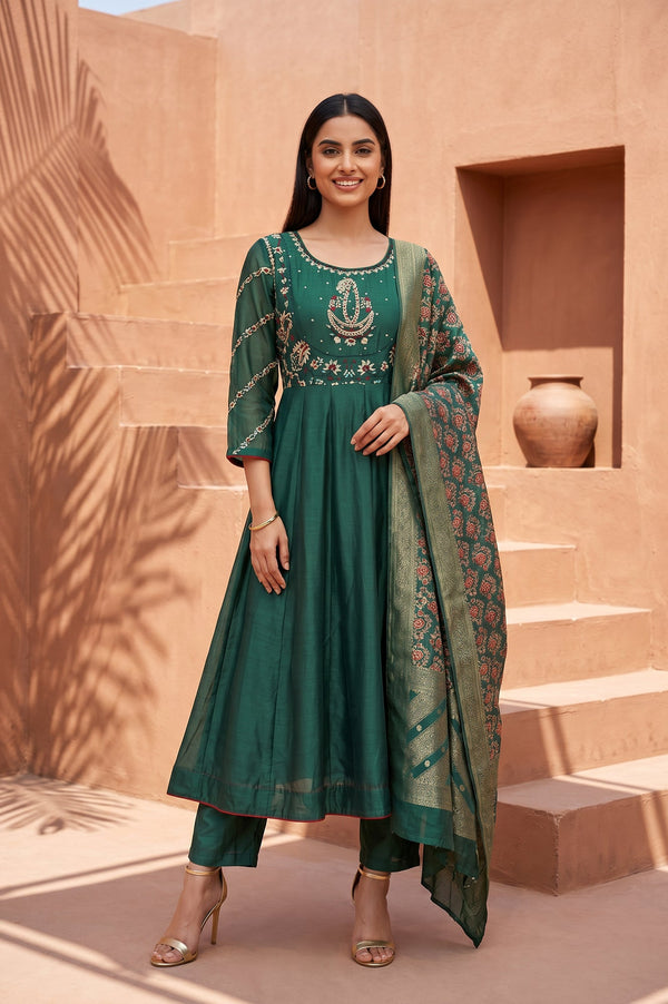 Folksong Green Thread Embroidered Cotton Silk Flared Kurta With Pants and Dupatta Set