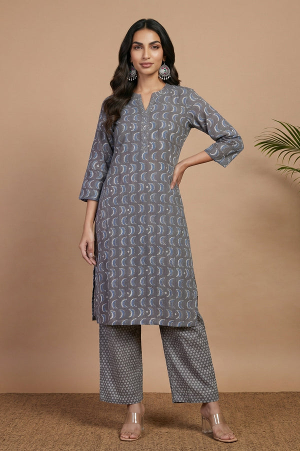 Grey Block Printed Mirror Work Pure Cotton Straight Kurta with Parallel Pants Set