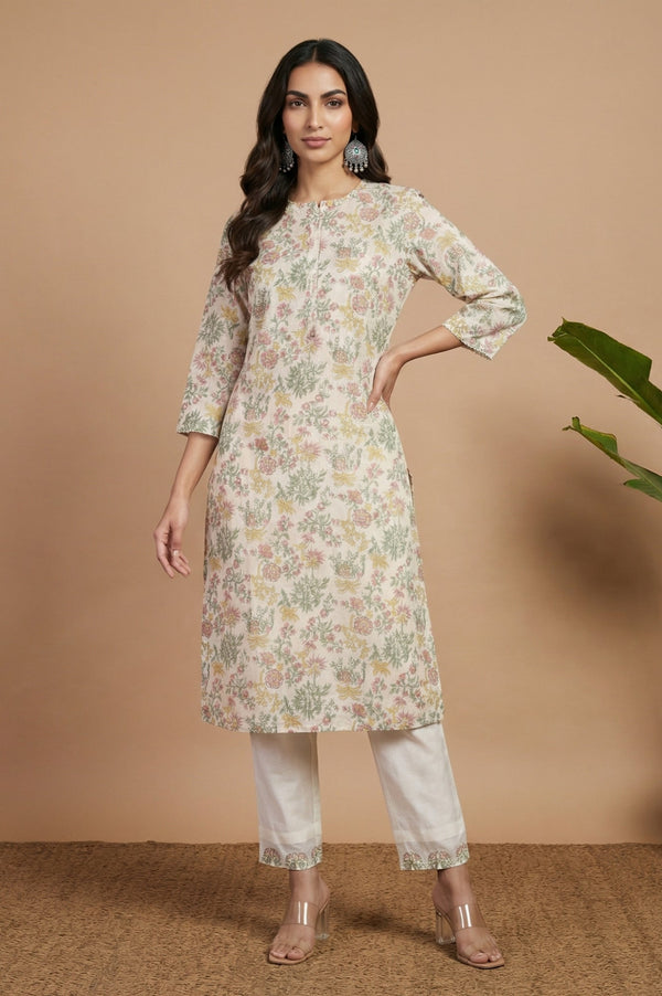 Off White Block Printed Cotton Silk Straight Kurta with Pants Co-ord Set