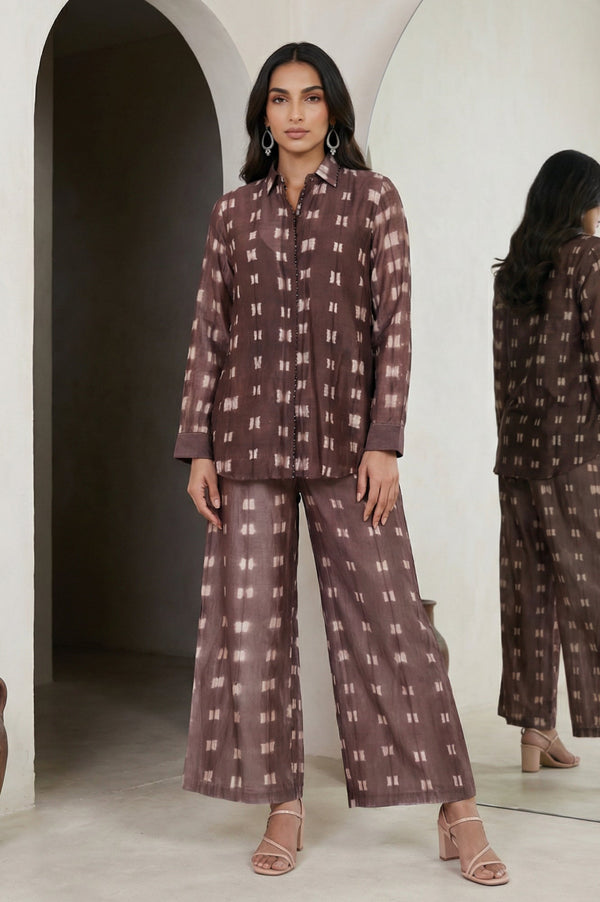 Brown Shibori Printed Cotton Blend Straight Top with Parallel Pants Co-ord Set