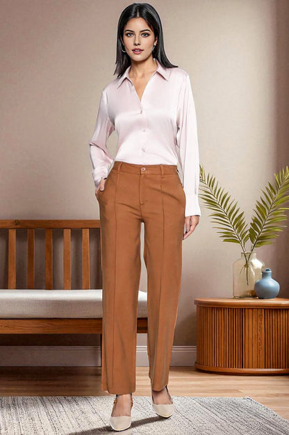 Brown Solid Korean Rayon Formal Parallel Pants